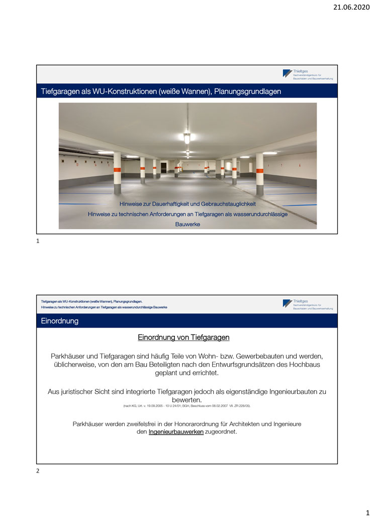 TIEFGARAGEN ALS WU-KONSTRUKTIONEN (WEISSE WANNEN), PLANUNGSGRUNDLAGE
